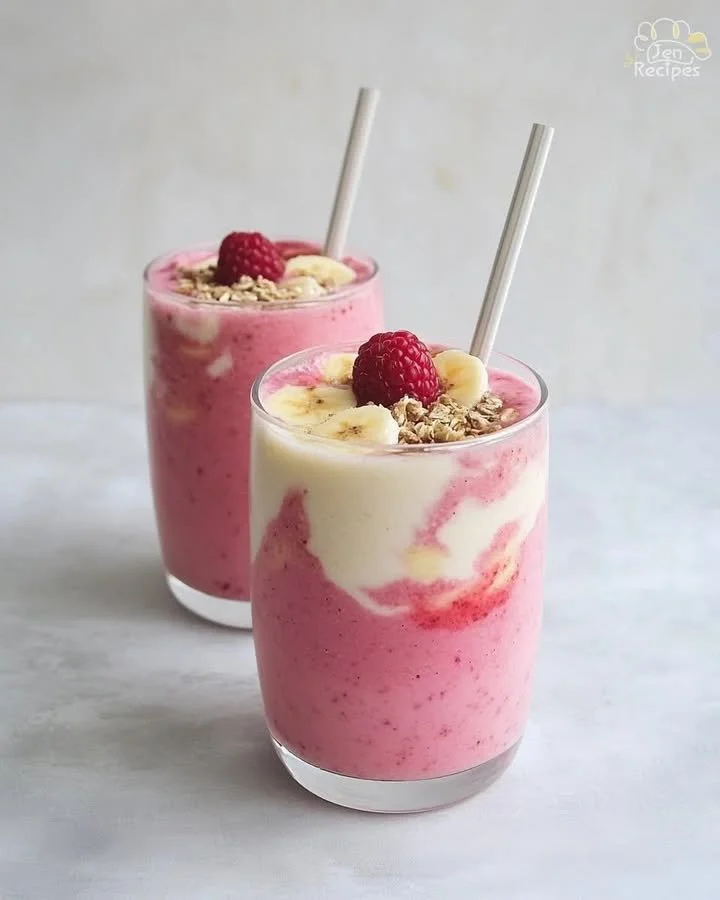 Delicious Raspberry Banana Swirl Smoothie in a glass with fresh fruits around