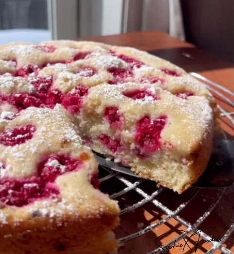 Deliciously moist homemade raspberry cake garnished with fresh raspberries