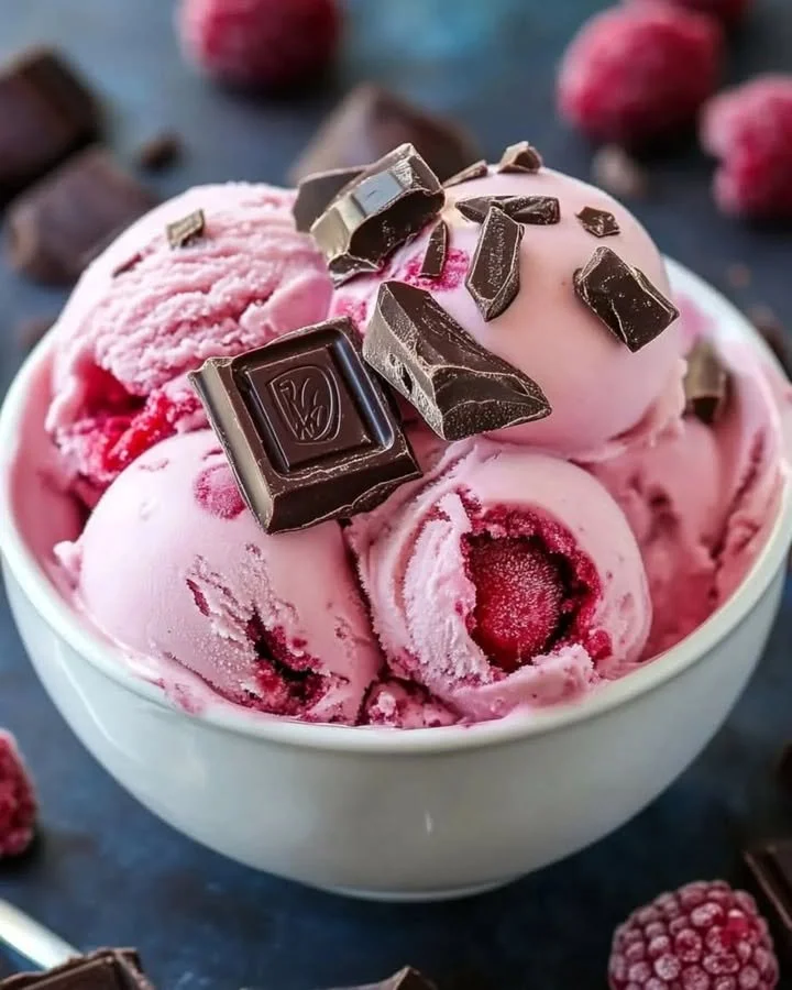 Delicious bowl of Raspberry Chocolate Chunk Ice Cream with chocolate chunks and raspberries