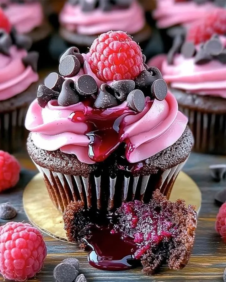 Raspberry chocolate lava cupcakes with gooey molten chocolate center