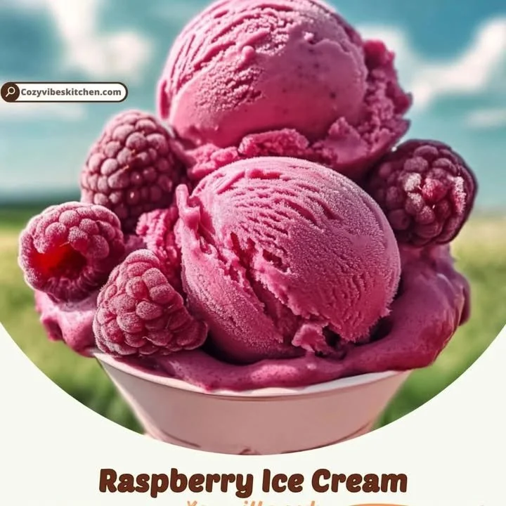Delicious raspberry ice cream with fresh raspberries on top