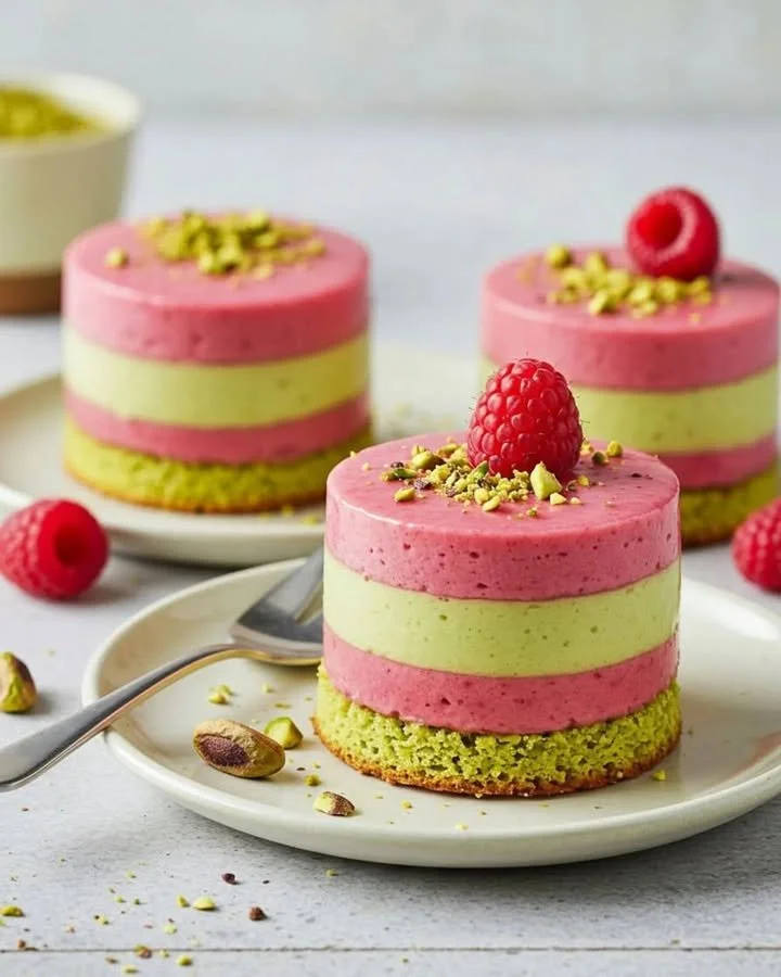 Delicious Raspberry Pistachio Mousse Cakes with fresh raspberries and pistachio topping
