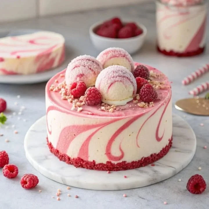 Delicious Raspberry Swirl Ice Cream Cake with creamy layers and fruity raspberry swirls