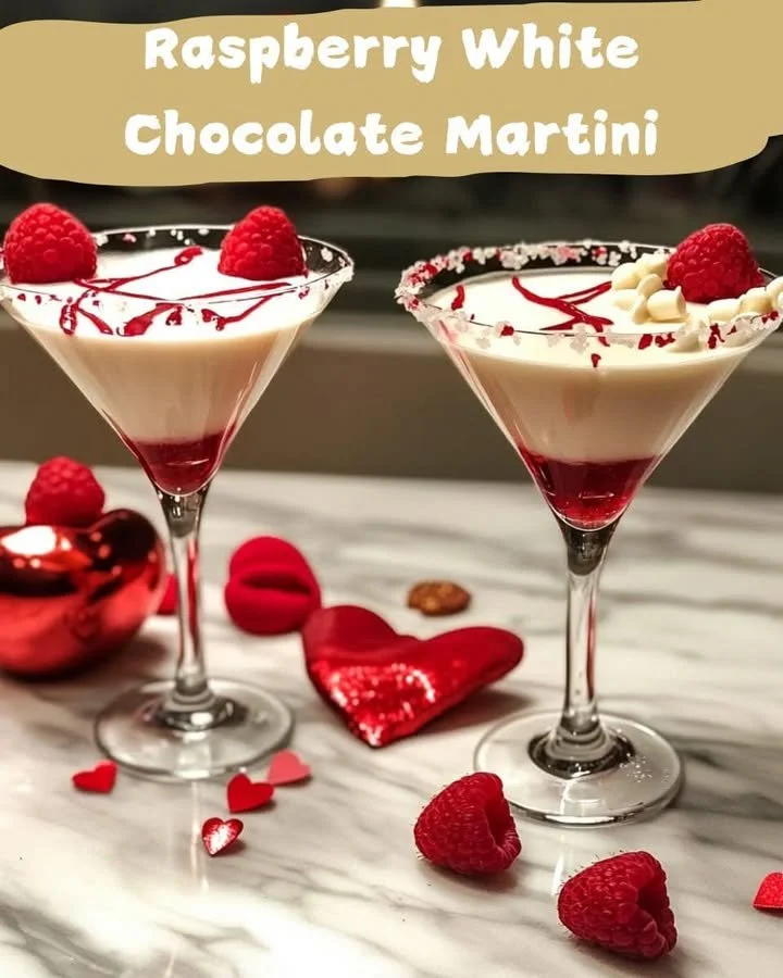 Raspberry White Chocolate Martini in a glass garnished with fresh raspberries