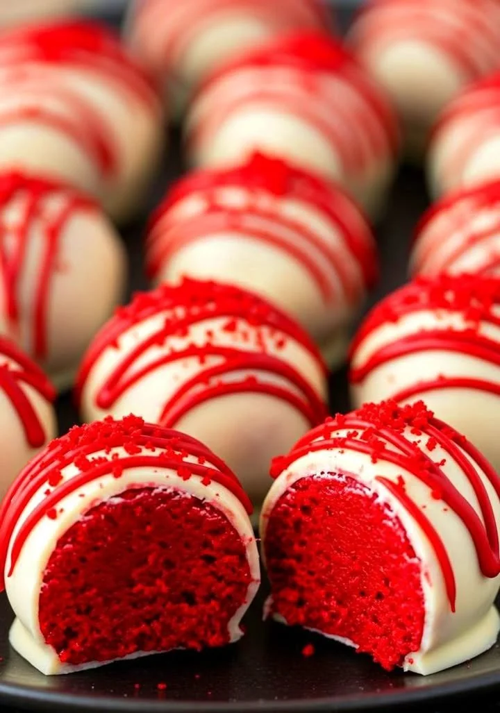 Red velvet cake truffles topped with white chocolate and sprinkles