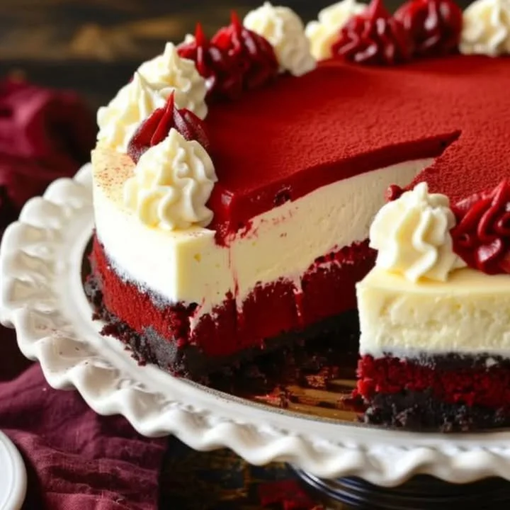 Delicious slice of Red Velvet Cheesecake topped with cream cheese frosting
