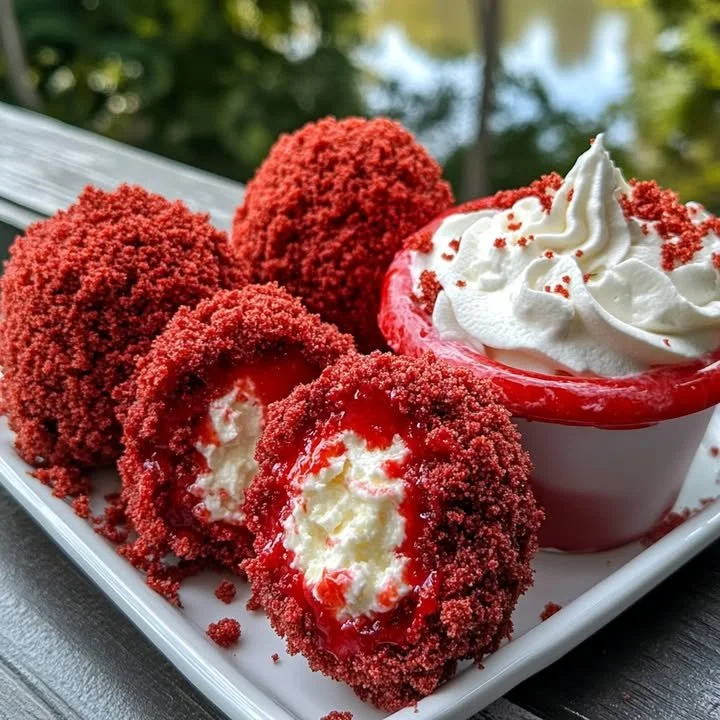 Sliced Red Velvet Cheesecake Berries served with a rich dipping sauce