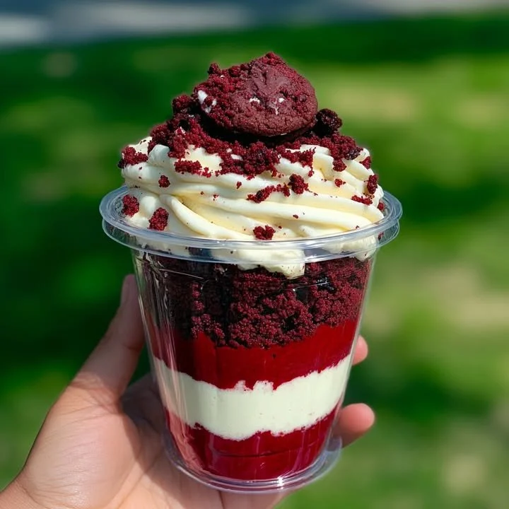 Delicious Red Velvet Cheesecake Cup topped with cream cheese frosting