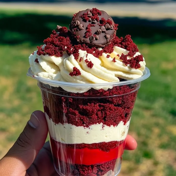 Delicious Red Velvet Cheesecake Cups topped with cream cheese frosting