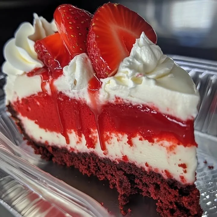 Slice of red velvet cheesecake topped with cream cheese frosting