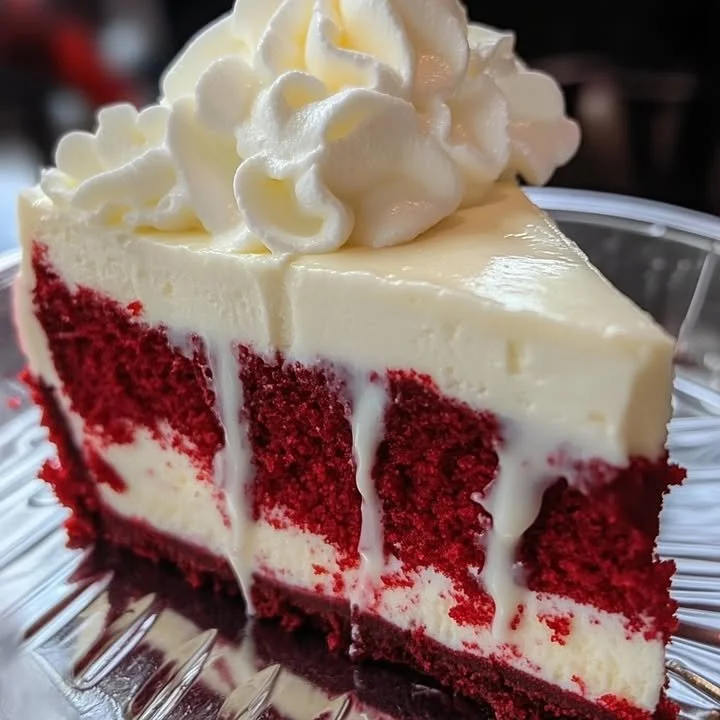 A slice of red velvet cheesecake with cream cheese frosting on a plate.