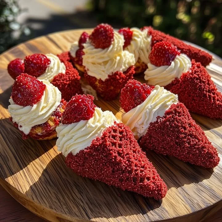 Red velvet cheesecake stuffed cones and strawberries displayed on a plate.