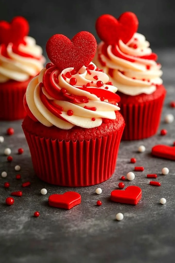 Red velvet cupcakes with vanilla swirl buttercream frosting on a white plate