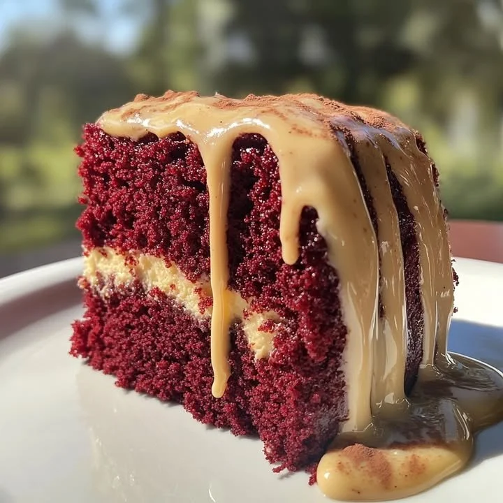 Delicious slice of Red Velvet Honeybun Cake showcasing rich red color and cream cheese topping.