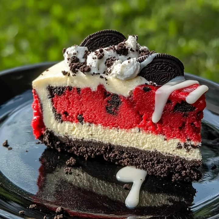 Delicious Red Velvet Oreo Cheesecake slice on a white plate