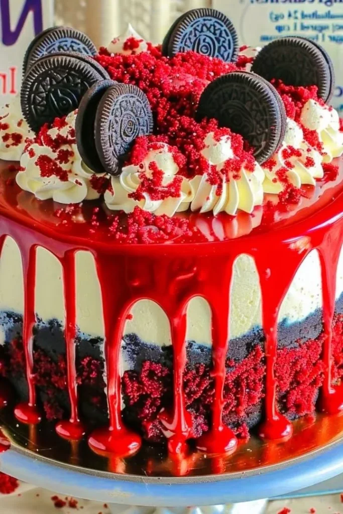 Delicious Red Velvet Oreo Drip Cake with chocolate ganache and Oreo toppings