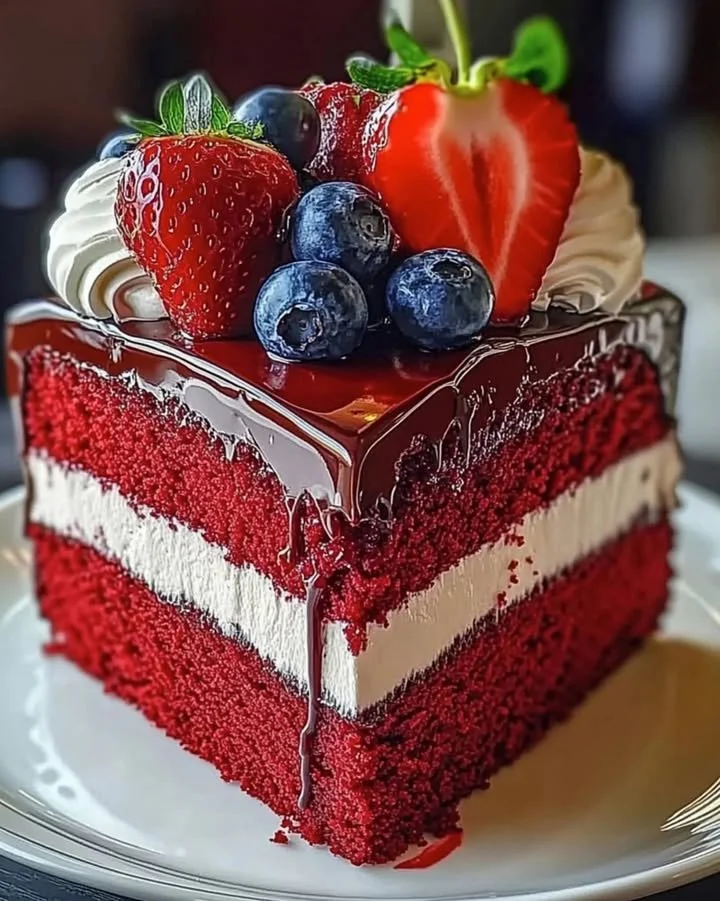 Delicious Red Velvet Strawberry Cheesecake topped with fresh strawberries