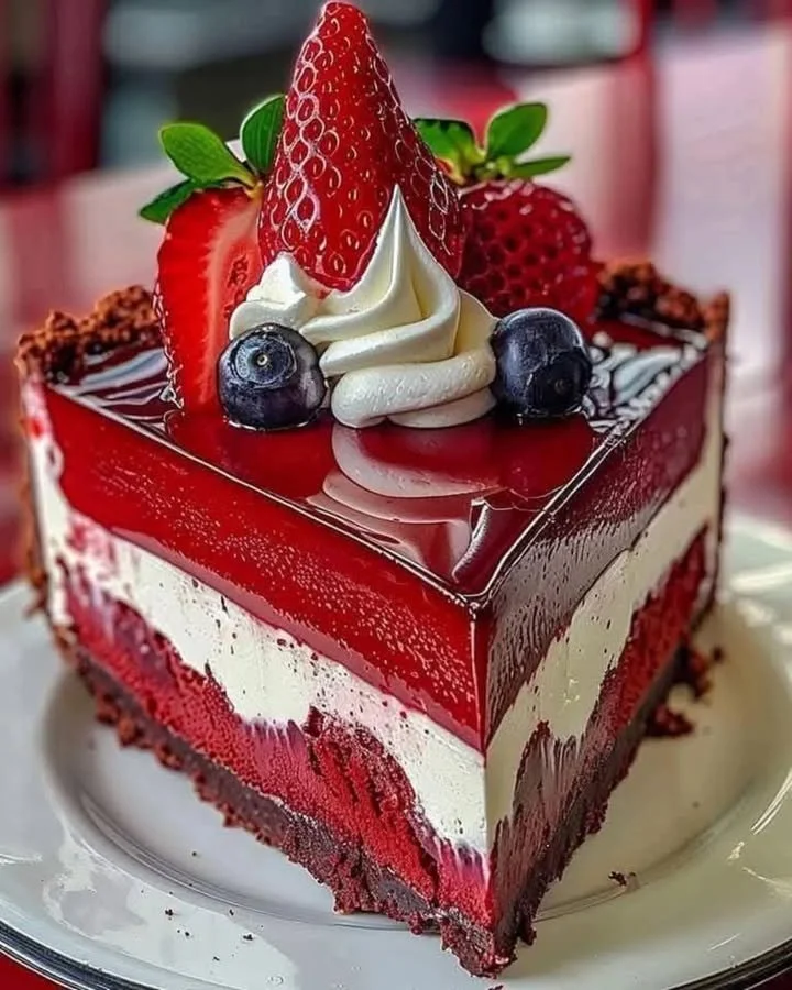 Red Velvet Strawberry Cheesecake topped with fresh strawberries and cream