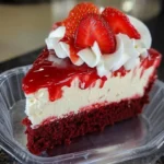 Slice of Red Velvet Strawberry Cheesecake with fresh strawberries on top.
