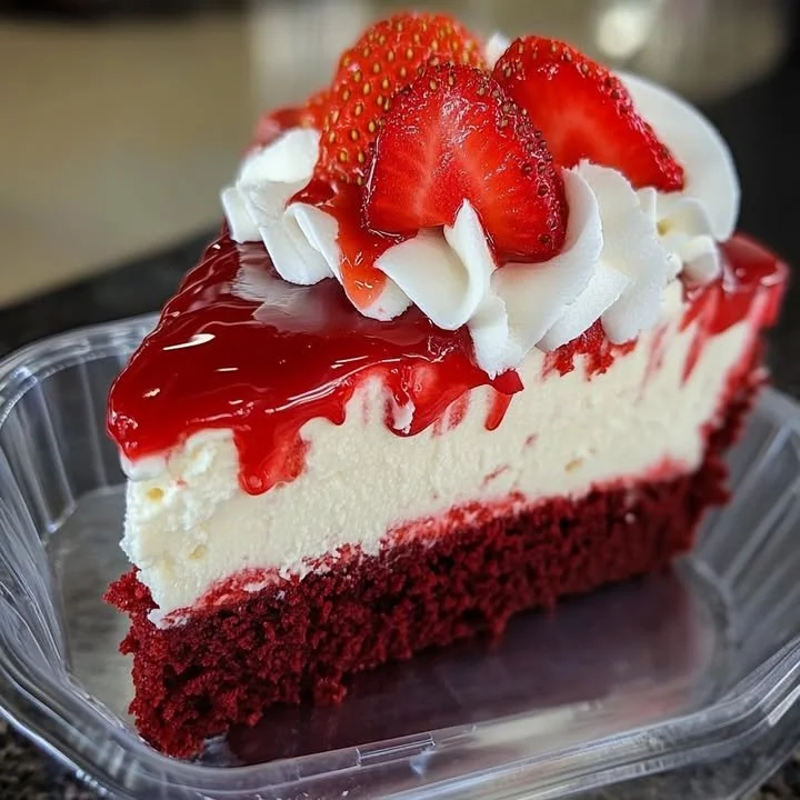 Slice of Red Velvet Strawberry Cheesecake with fresh strawberries on top.