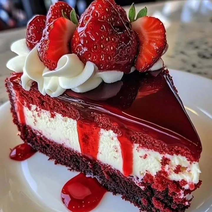 Red Velvet Strawberry Cheesecake Delight dessert topped with fresh strawberries