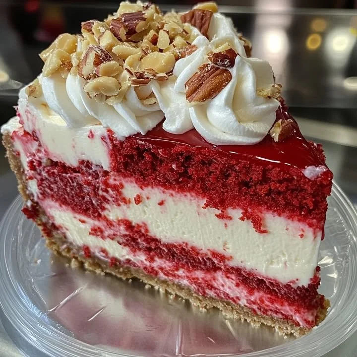 Red Velvet Strawberry Cheesecake topped with nuts and fresh strawberries.
