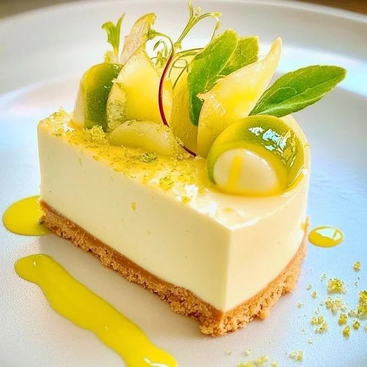 Refined lime mousse cheesecake adorned with green grape garnish.
