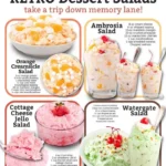 Colorful retro dessert salads displayed in bowls, featuring fruits and cream.