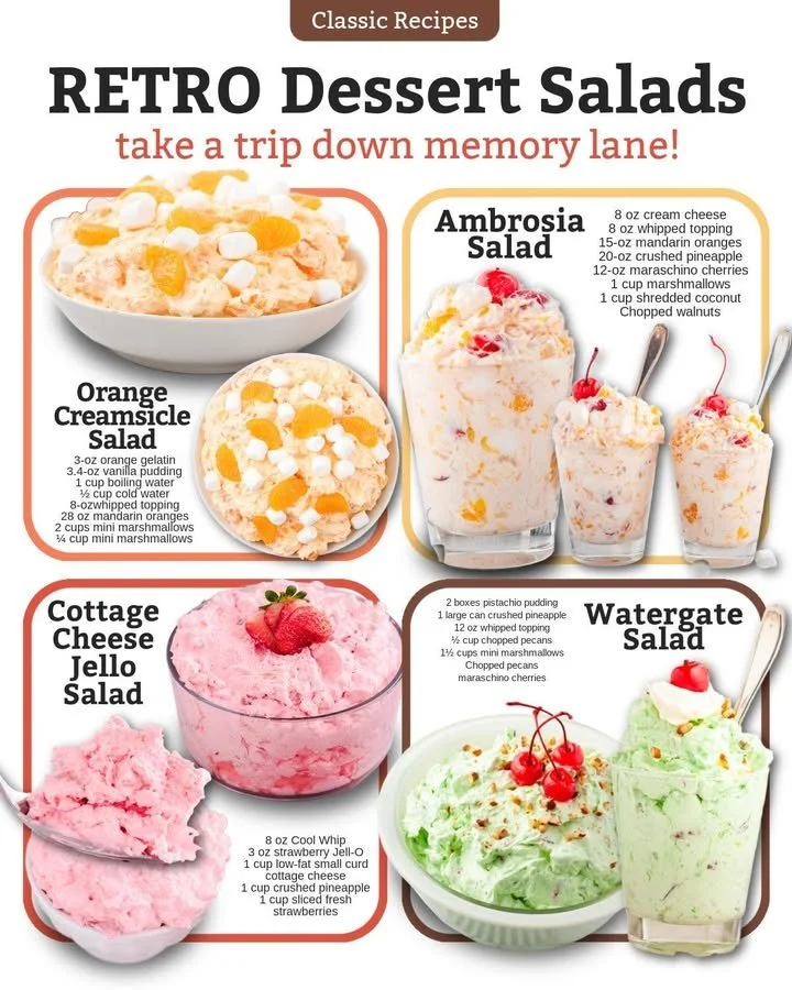 Colorful retro dessert salads displayed in bowls, featuring fruits and cream.