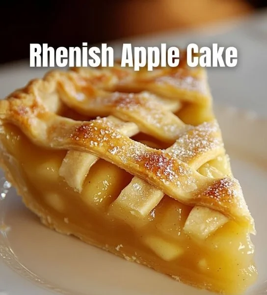 Deliciously baked Rhenish Apple Cake topped with fresh apple slices.