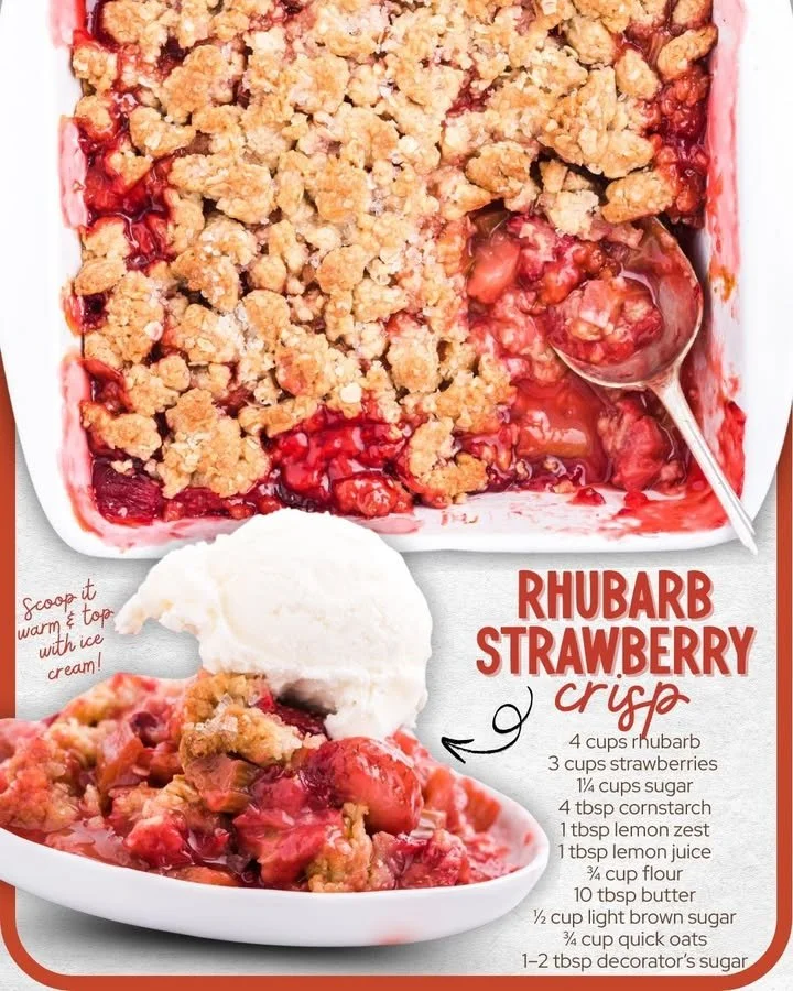 Delicious Rhubarb Strawberry Crisp topped with oats and served in a bowl