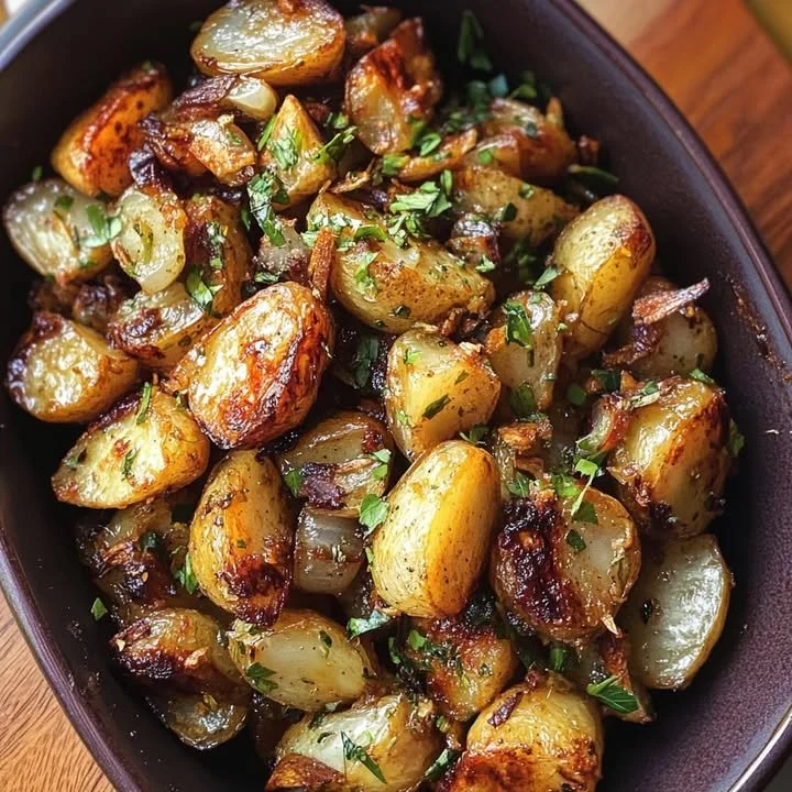 A plate of roasted baby carrots garnished with herbs
