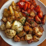Plate of roasted baby potatoes and onions seasoned with herbs