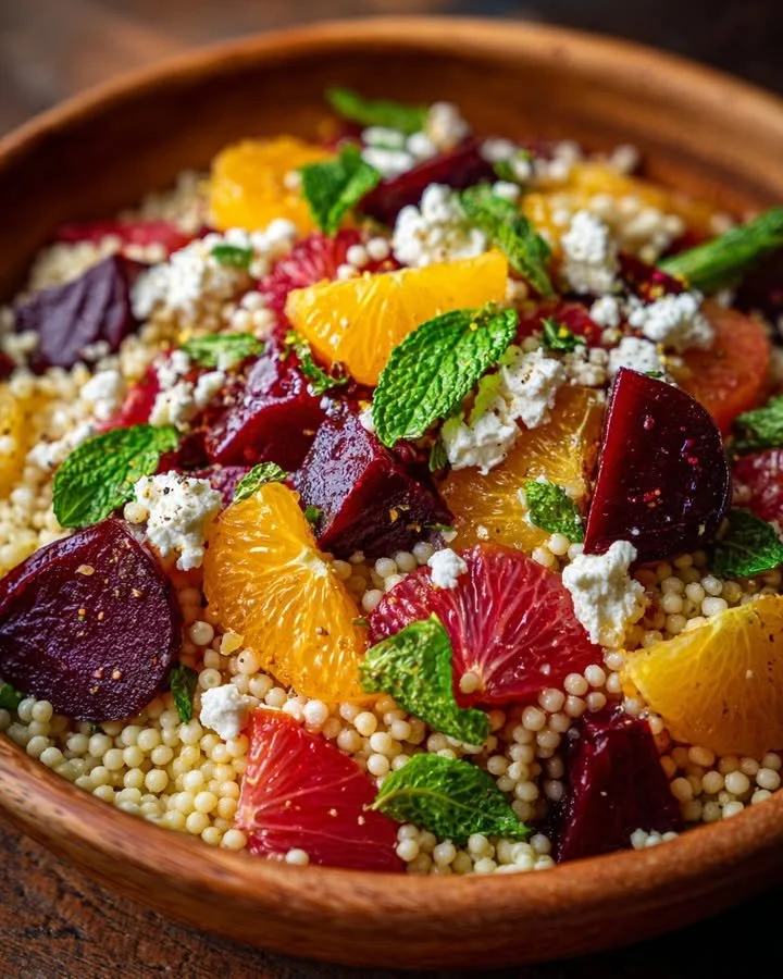 Roasted Beet and Citrus Couscous Salad with Feta served in a bowl