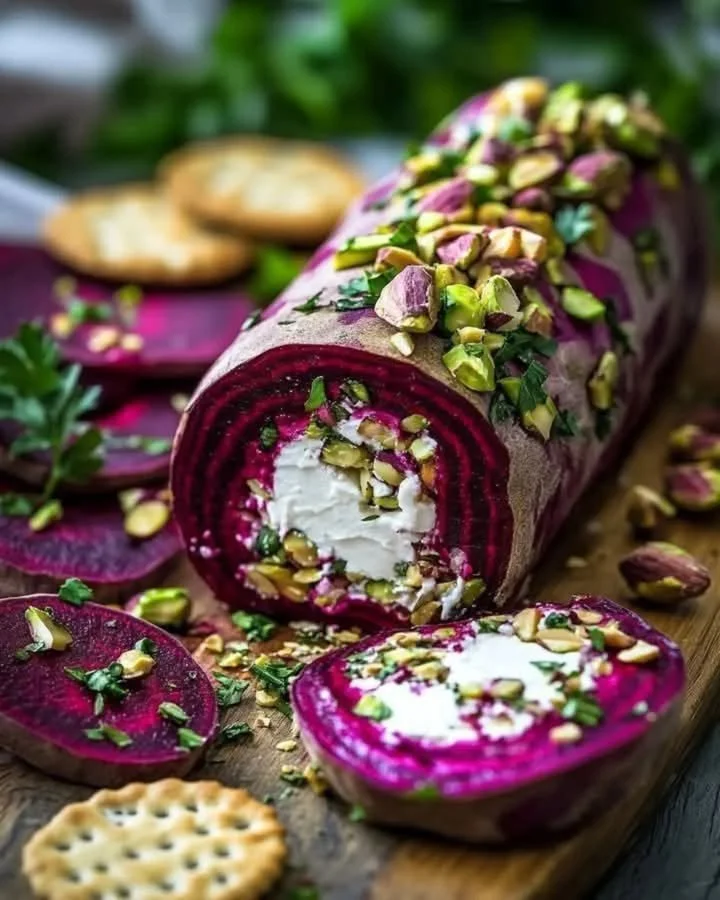 Roasted Beet and Goat Cheese Log served on a wooden platter