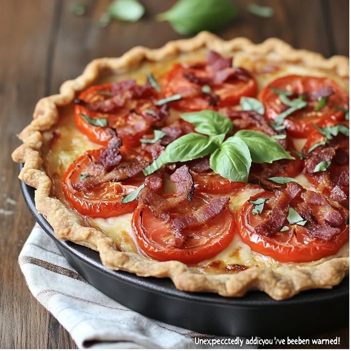 Delicious roasted garlic tomato pie topped with crispy bacon