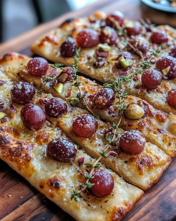 Roasted Grapes Flatbread topped with Thyme and Mascarpone cheese