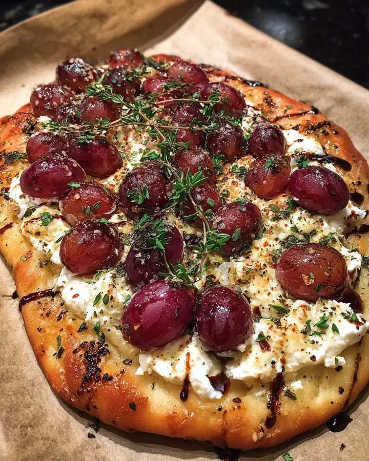 Roasted grapes flatbread topped with mascarpone cheese and fresh thyme