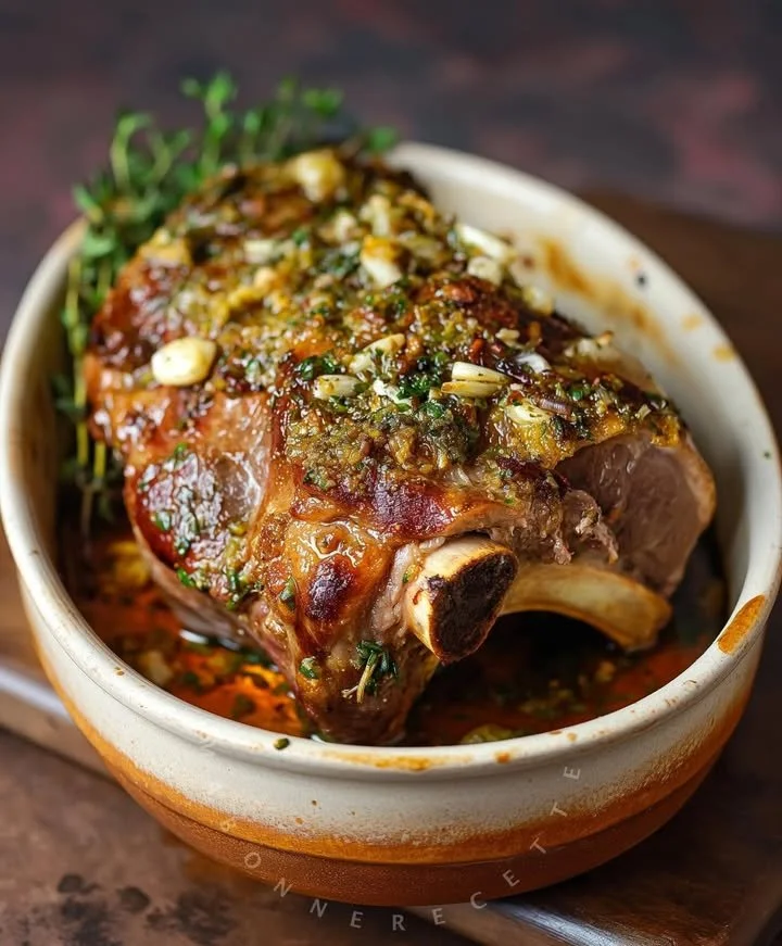 Roasted leg of lamb seasoned with herbs and garlic on a wooden platter.