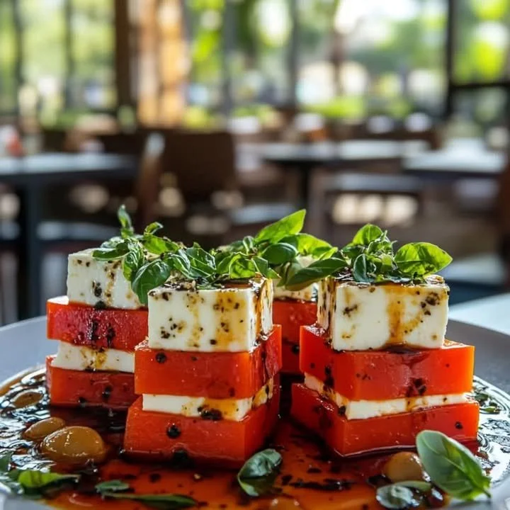 Delicious roasted red pepper and feta cheese stacks plated elegantly.