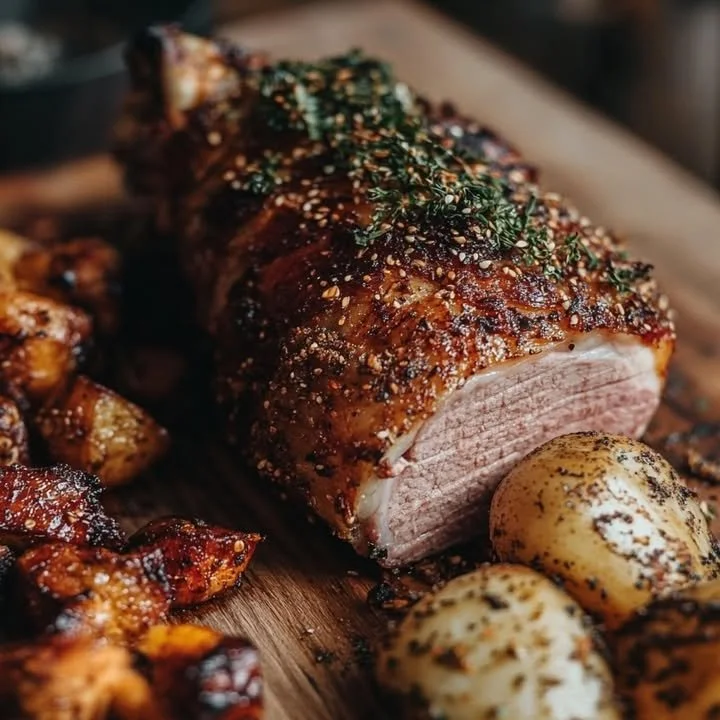 Plate of roasted Yukon Gold potatoes, golden and perfectly crispy.