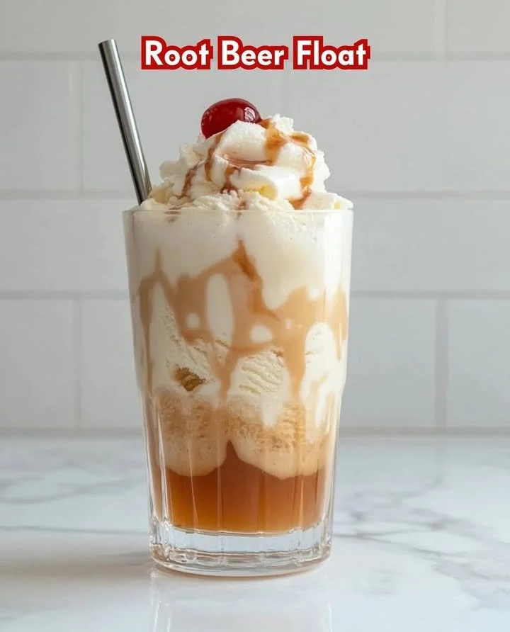 Delicious root beer float with frothy ice cream and root beer in a glass