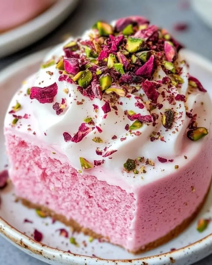 Delicious Rose Milk Cake topped with edible flowers and served on a plate.