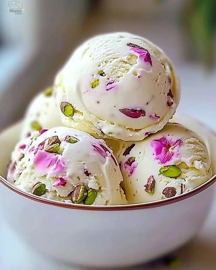 Creamy Rose Pistachio Cheesecake Ice Cream in a bowl, garnished with rose petals and pistachios.