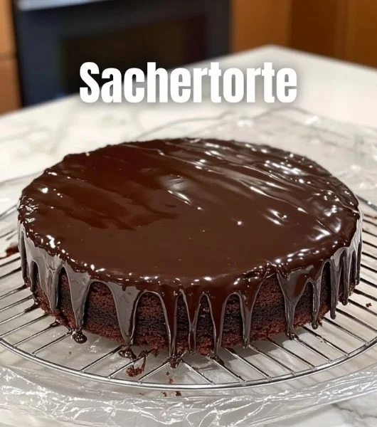 Delicious Sacher Cake with chocolate glaze and apricot filling on a plate