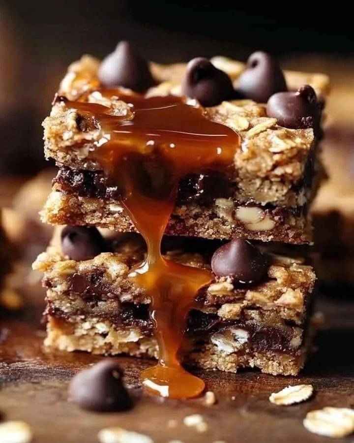 Salted caramel chocolate chip oat cookie bars on a plate