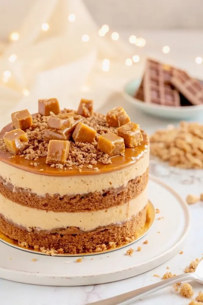 Delicious salted caramel mousse layer cake topped with caramel drizzle.