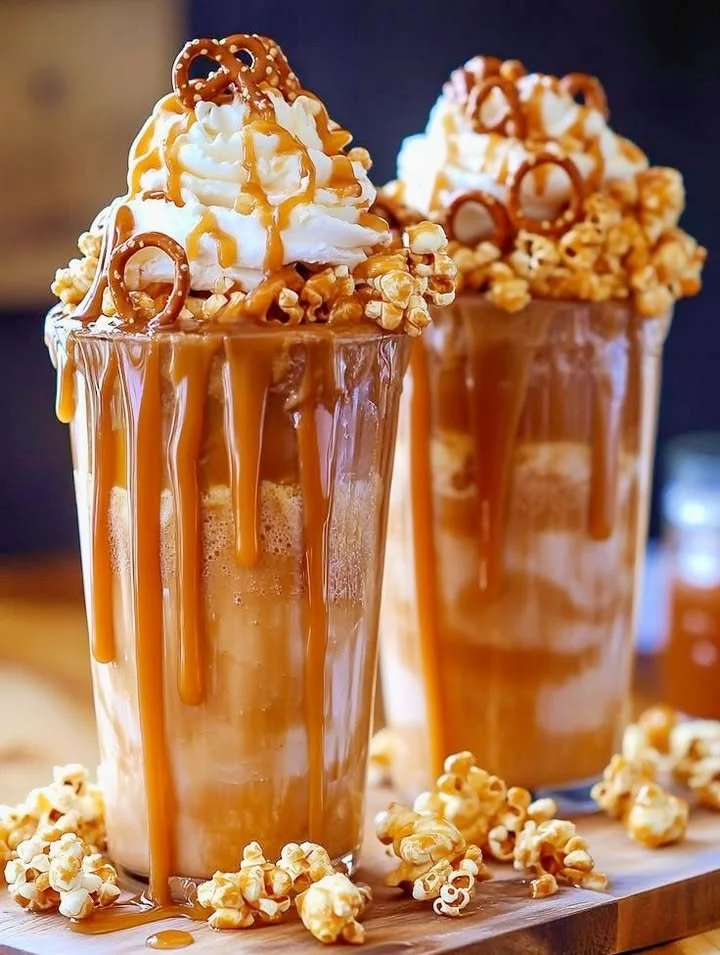 Salted Caramel Popcorn Freakshake topped with popcorn and caramel drizzle