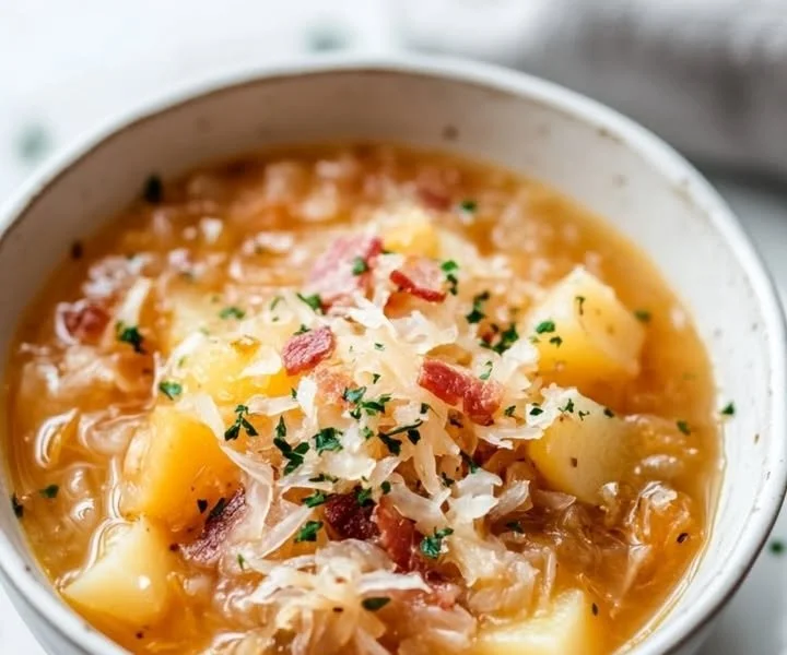 Delicious bowl of sauerkraut soup garnished with herbs and spices