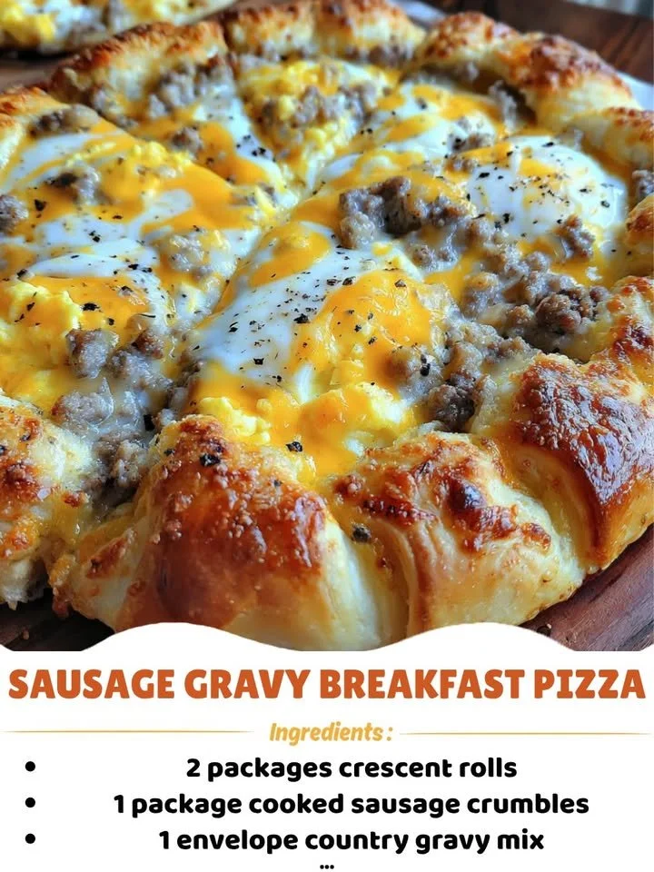 Sausage gravy breakfast pizza topped with fresh ingredients and melted cheese.